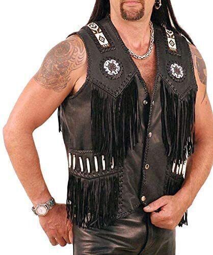 Mens Leather Vest Black Suede Cowboy Western Style Native American Beaded Fringe