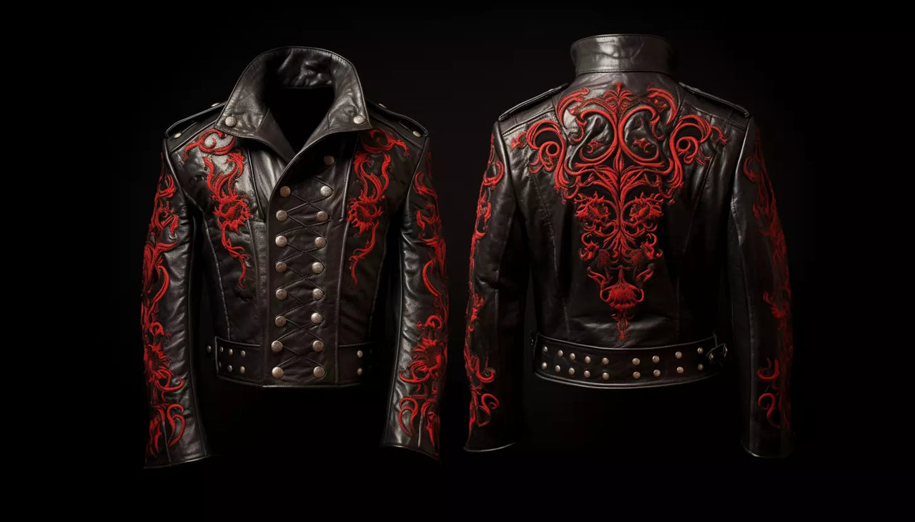 Gothic Dragon Leather Jacket – Black with Red Embroidery – Steampunk Military Style – Unisex Punk Rock Fashion – Made to Order
