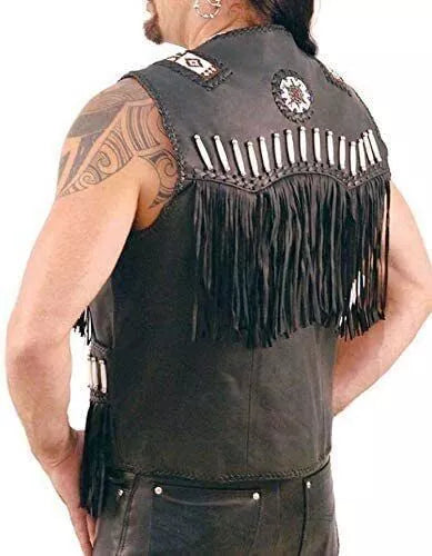 Mens Leather Vest Black Suede Cowboy Western Style Native American Beaded Fringe