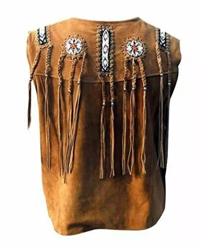 Men's Western Wear Brown/Black Suede Leather Cowboy Vest with Beaded Design, Fringe, and Bone Accents