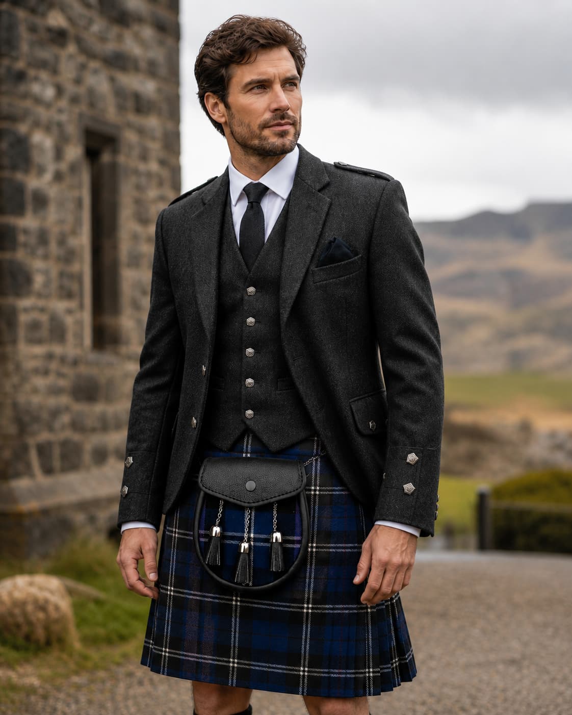 Heritage Of Scotland Tartan Kilt Set for Men, Scottish Highland Outfit with Sporran Belt Buckle & Kilt Pin