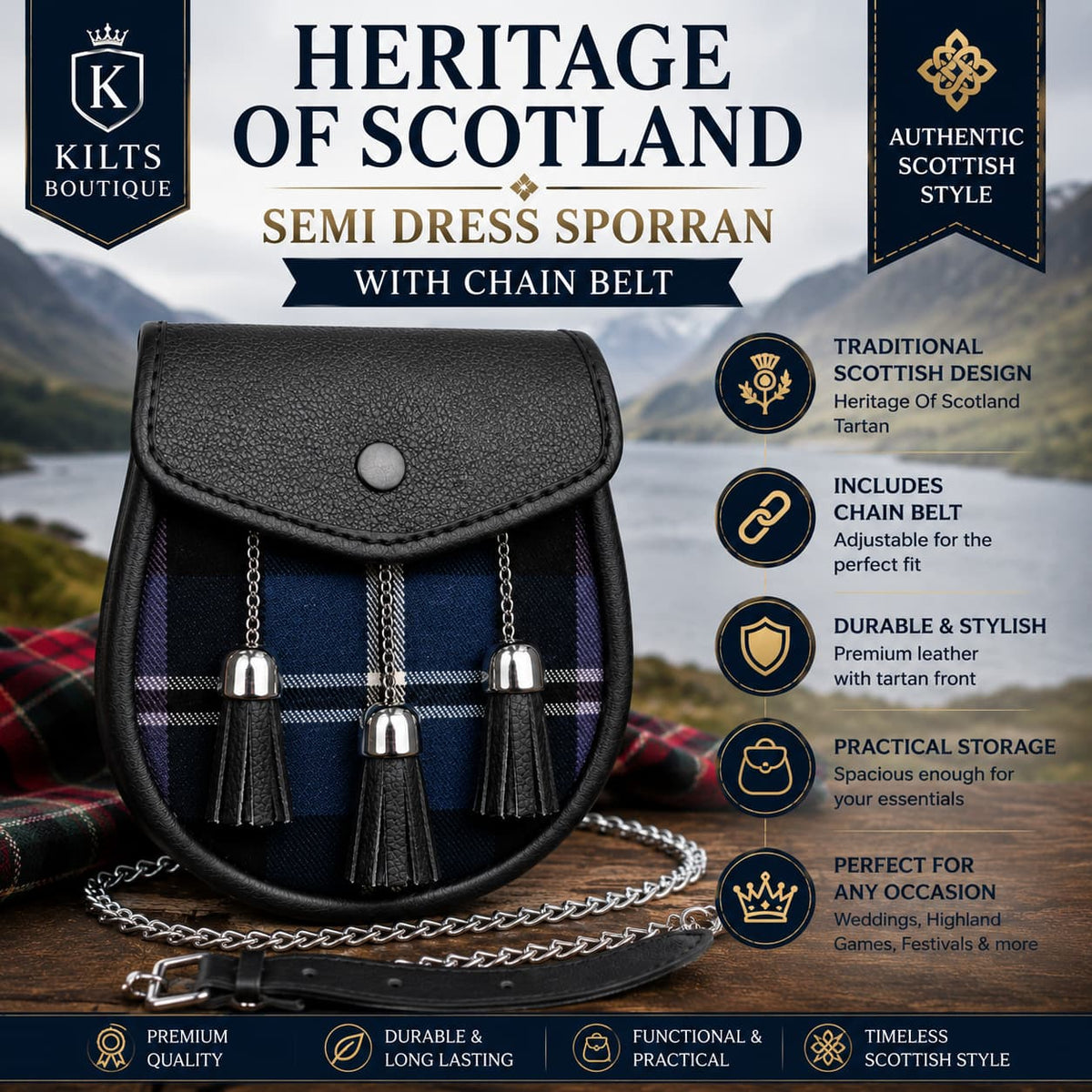 Heritage Of Scotland Tartan Kilt Set for Men, Scottish Highland Outfit with Sporran Belt Buckle & Kilt Pin