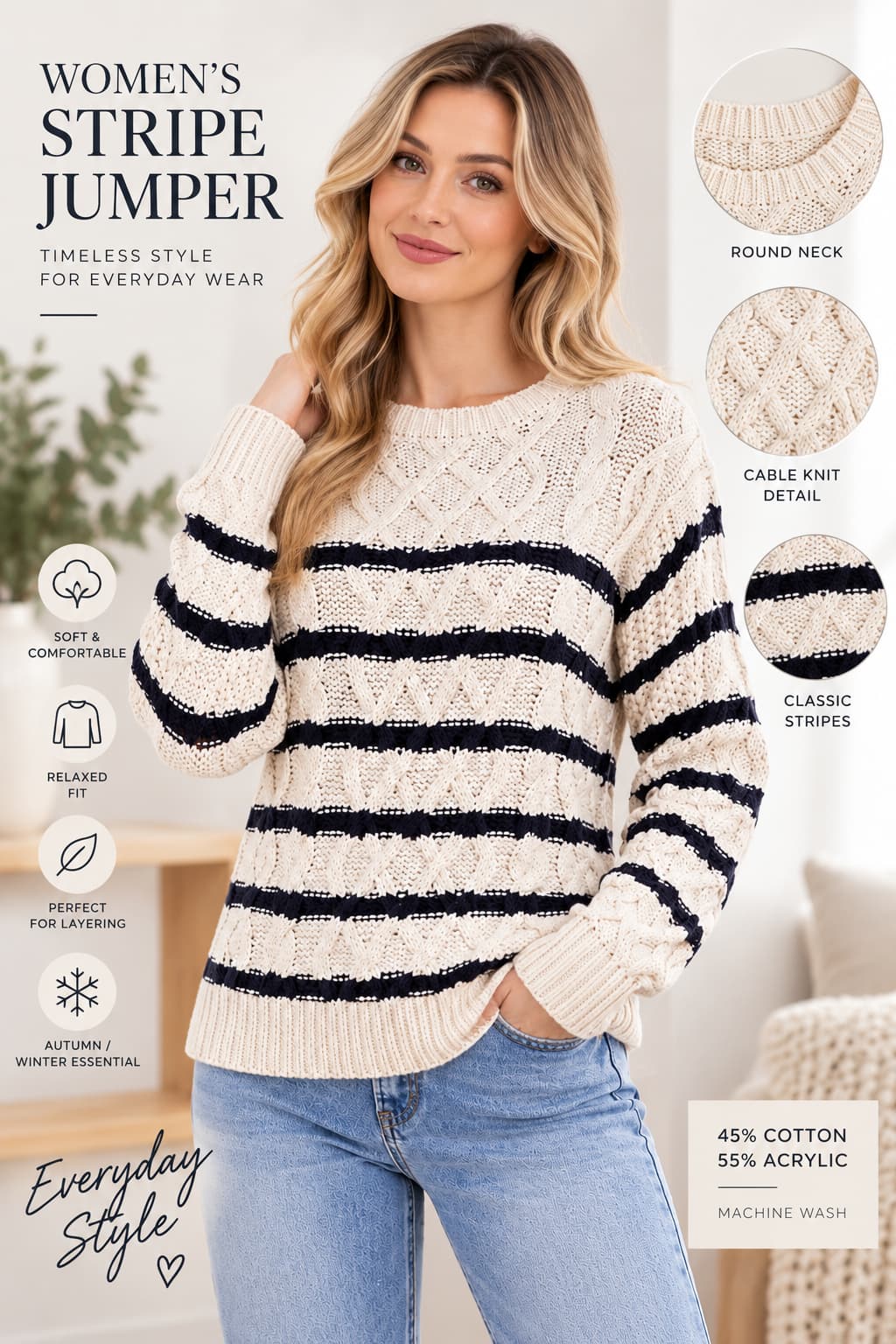 Women’s White Cable Knit Jumper with Black Stripes | Cotton Blend Sweater