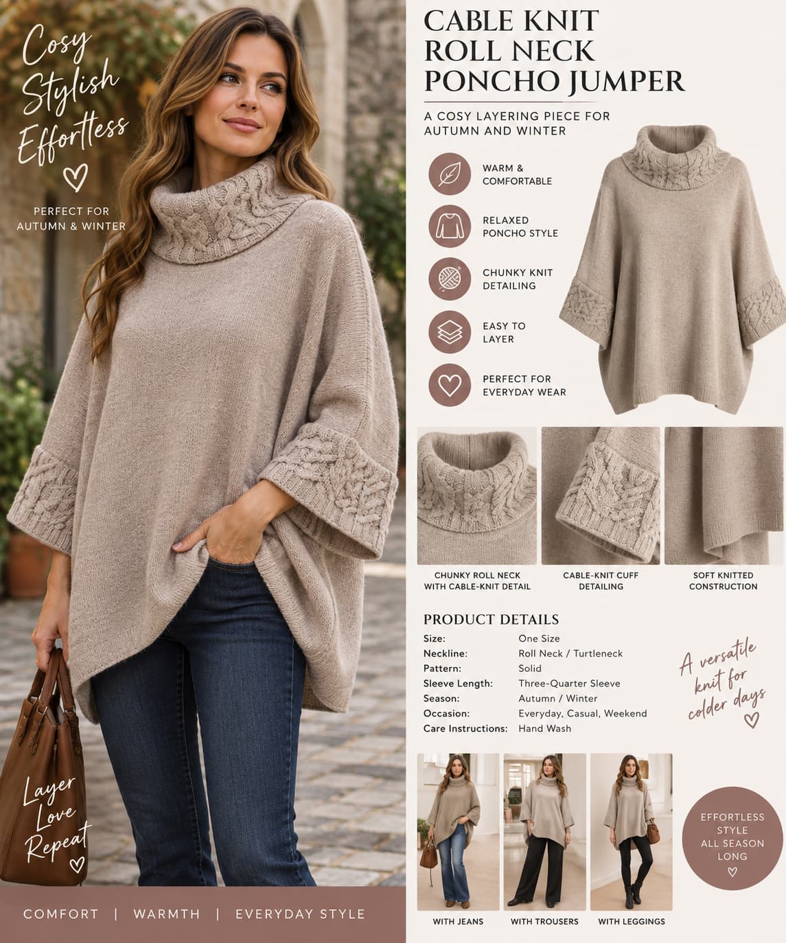 Cable Knit Roll Neck Poncho Jumper