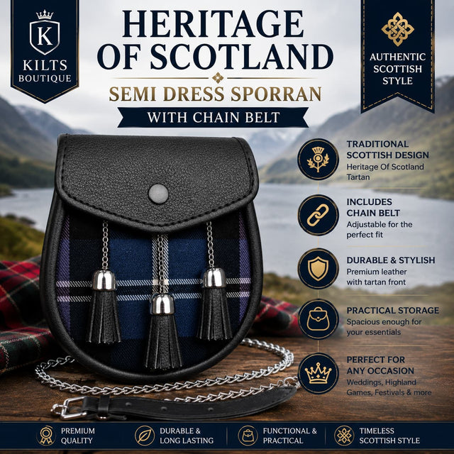 Heritage Of Scotland Tartan Semi Dress Sporran with Chain Belt, Black Leather Hybrid Scottish Kilt Sporran for Highland Wear