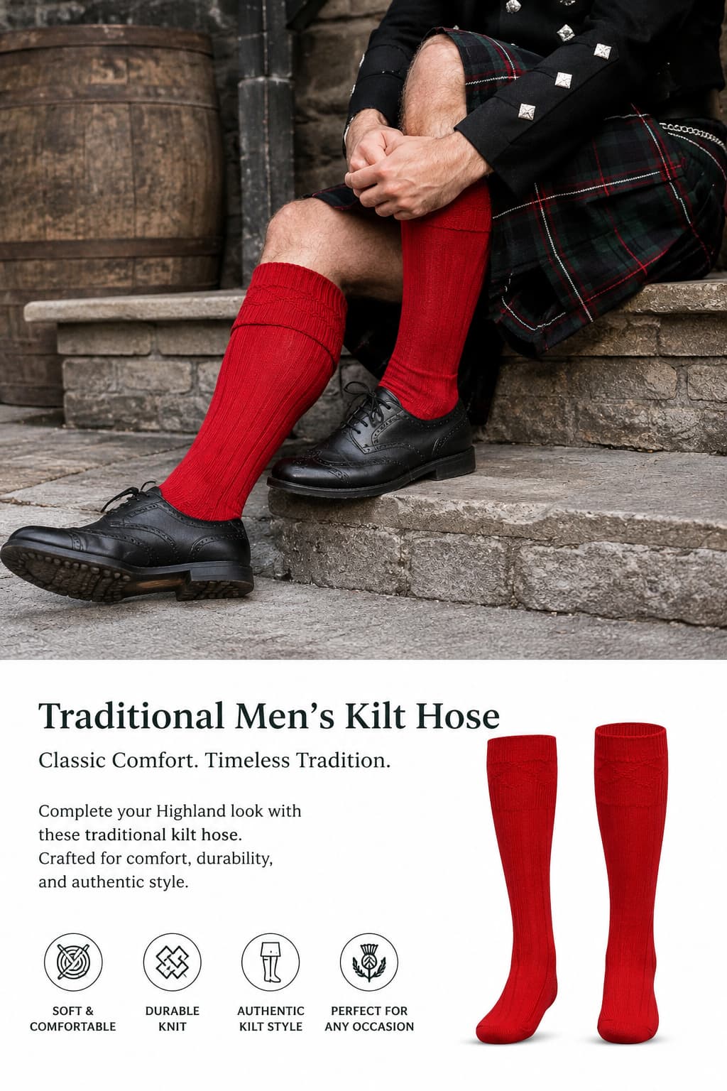 Men’s Traditional Kilt Hose Socks – Knee High Highland Dress Socks (Red)