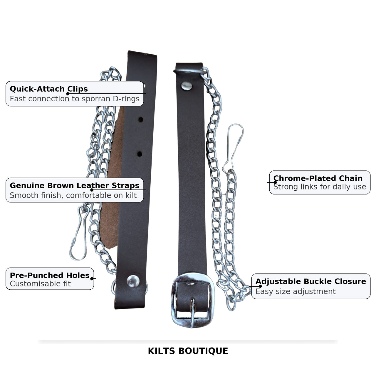 Brown Leather Scottish Kilt Sporran Chain Belt – Celtic Belt for Men’s Highland Dress Adjustable 26-44 Inch Waist