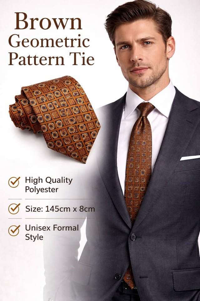 Brown Geometric Pattern Tie – Classic Unisex Formal Necktie