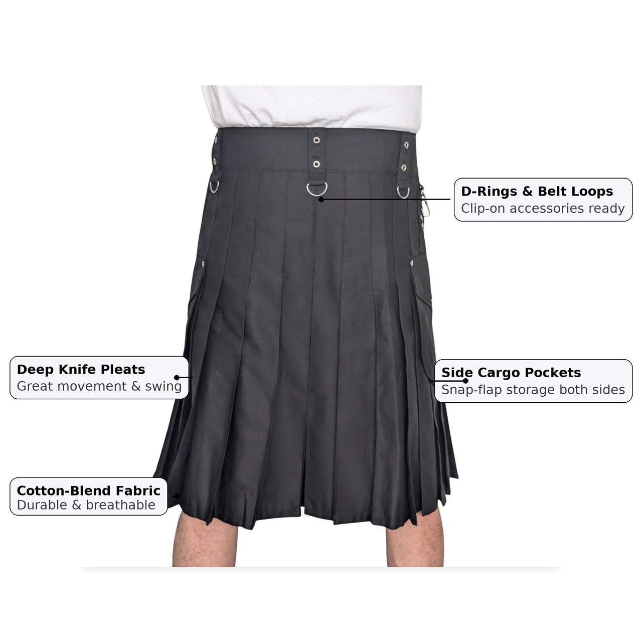 Kilts Boutique Men’s Gothic Utility Kilt – Cotton-Blend 24″ Drop with V Pocket, D-Rings – Pleated Work Festival Kilt