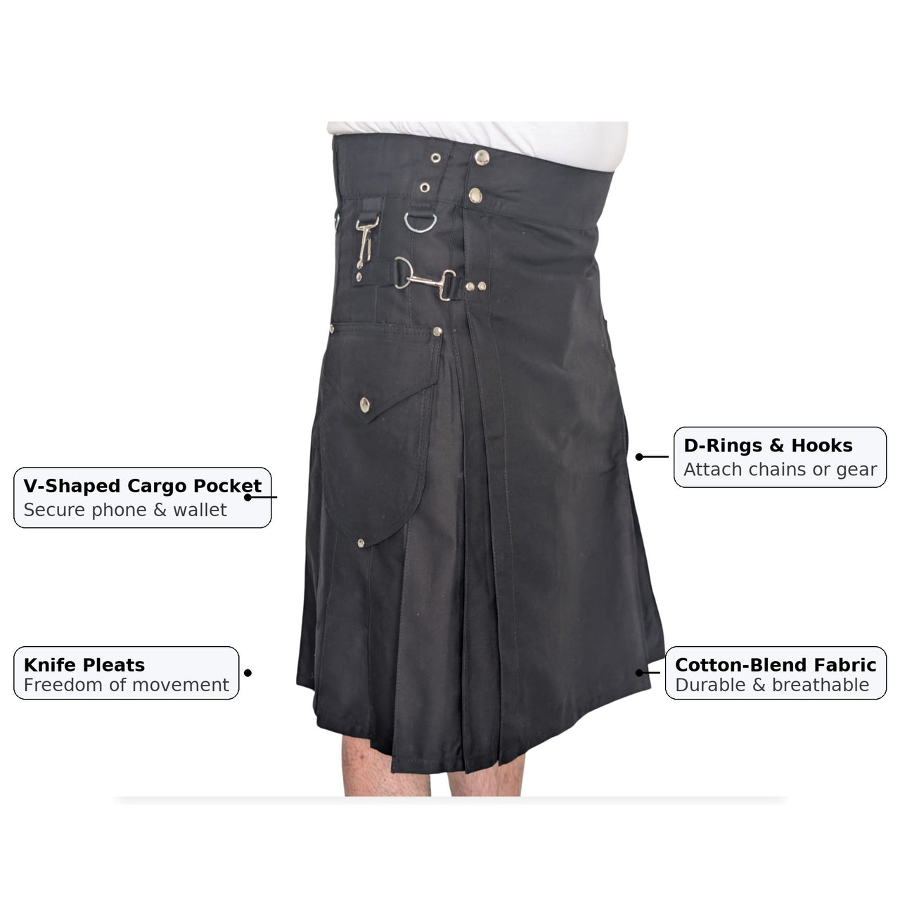 Kilts Boutique Men’s Gothic Utility Kilt – Cotton-Blend 24″ Drop with V Pocket, D-Rings – Pleated Work Festival Kilt