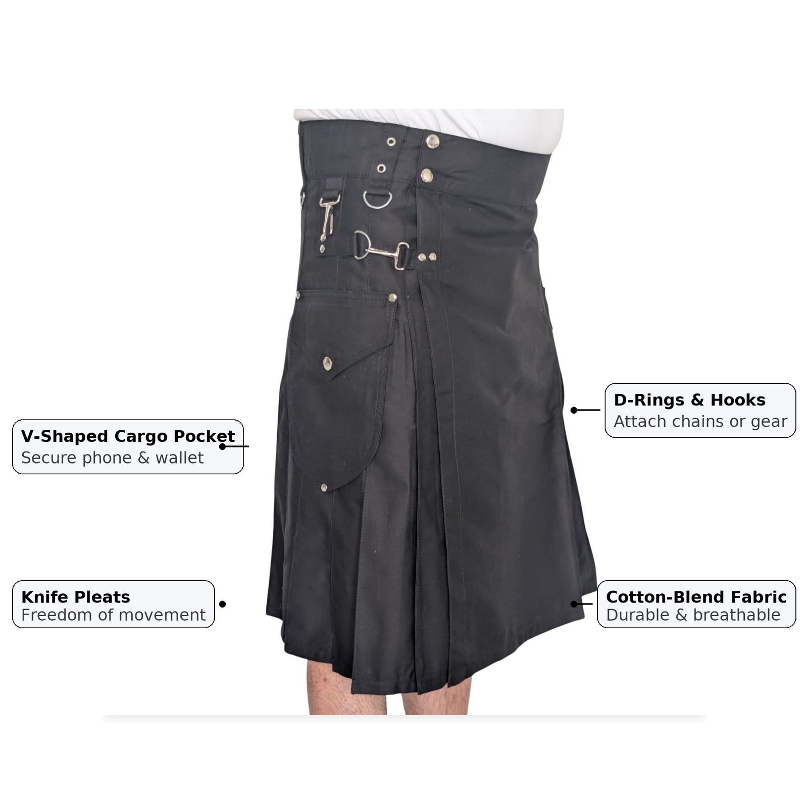 Kilts Boutique Men’s Gothic Utility Kilt – Cotton-Blend 24″ Drop with V Pocket, D-Rings – Pleated Work Festival Kilt