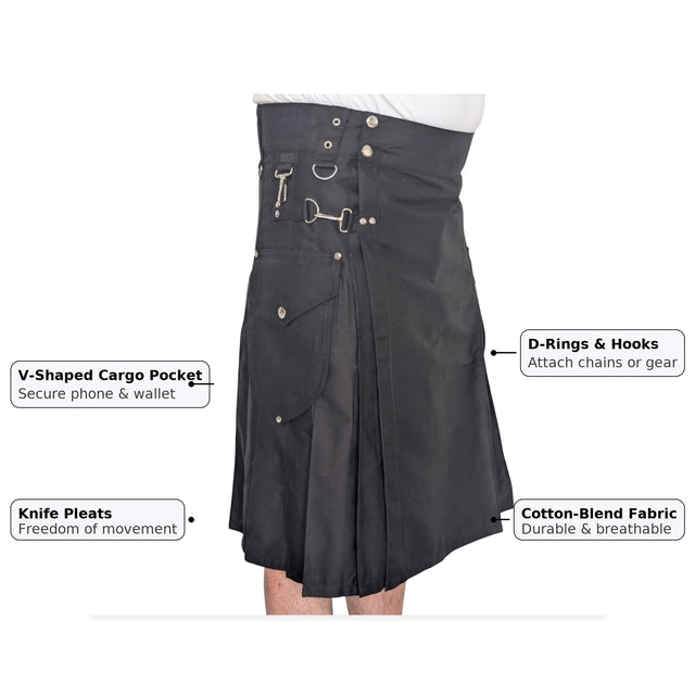 Kilts Boutique Men’s Gothic Utility Kilt – Cotton-Blend 24″ Drop with V Pocket, D-Rings – Pleated Work Festival Kilt