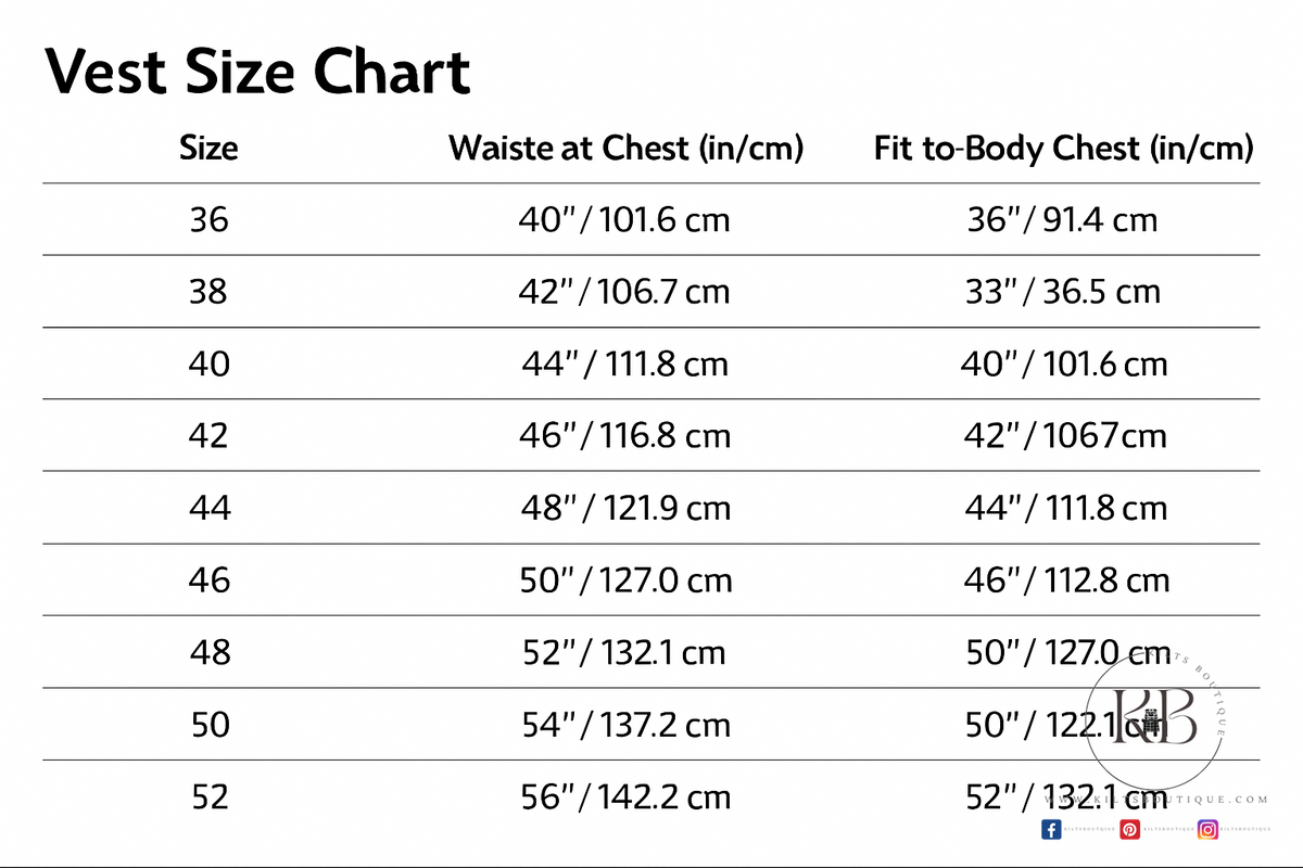 Vest size chart with waist and chest measurements in inches and centimeters