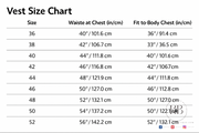Vest size chart with waist and chest measurements in inches and centimeters