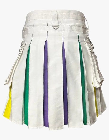 Scottish  Men's Rainbow White Cotton Hybrid Kilt Nylon Straps Utility Colorful Pleats Kilt - Pride Kilt