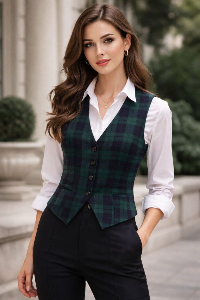 Woman wearing a plaid vest over a white shirt with a blurred background