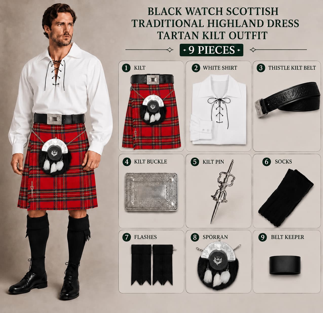 Royal Stewart Scottish Tartan Kilt Outfit for Men – 9 Piece Traditional Highland Dress Set with Sporran, Belt & Accessories