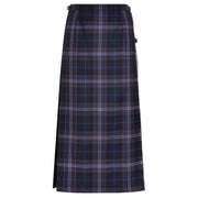 Plaid skirt with a black, blue, and white pattern on a white background