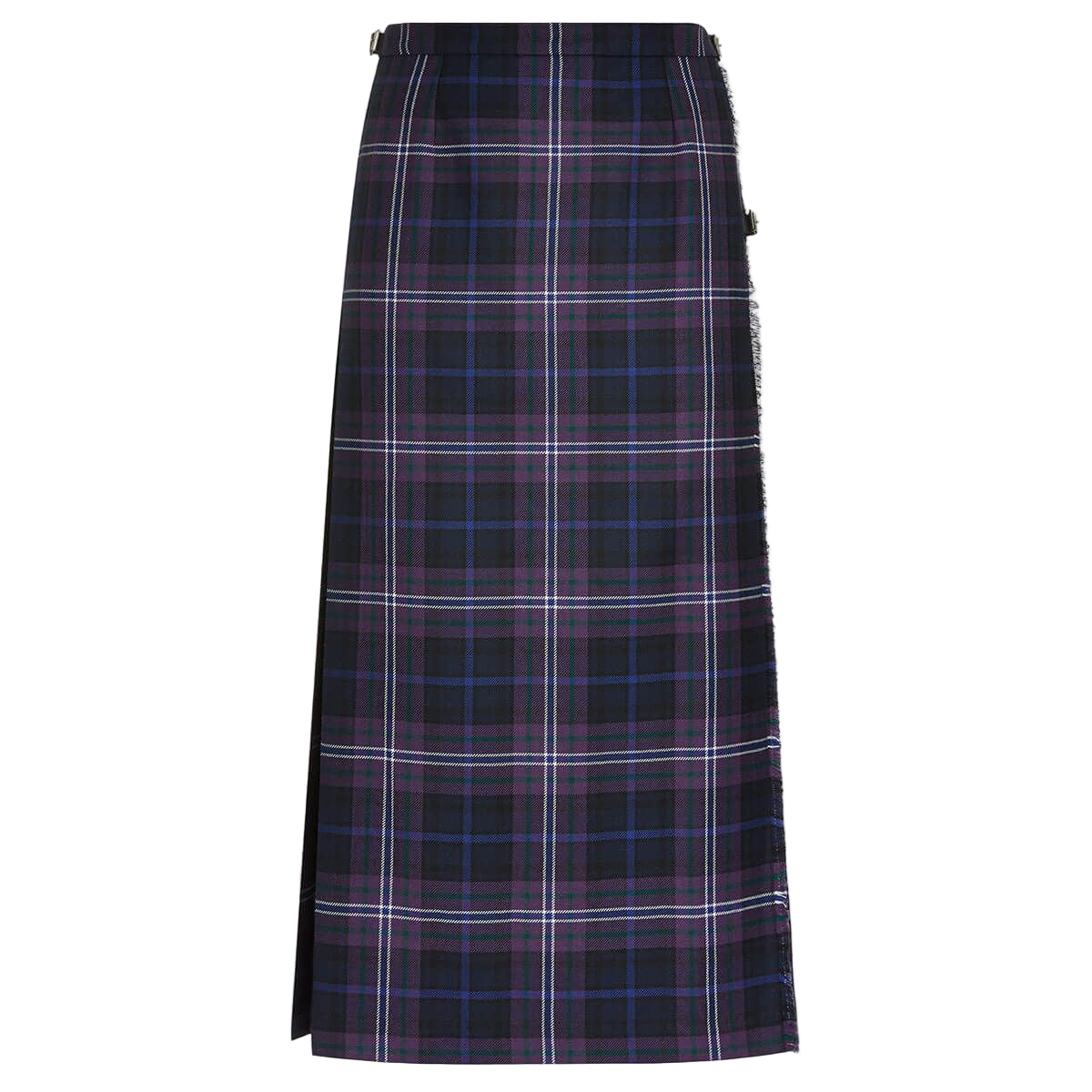 Plaid skirt with a black, blue, and white pattern on a white background