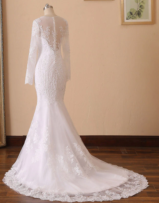 Mermaid Wedding Dress Illusion Back Vestido De Noiva Long Sleeve Beads O Neck Lace Appliques Bride Bridal Gown