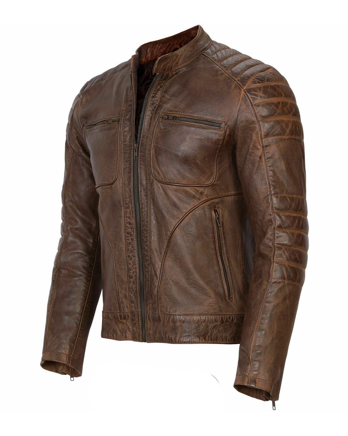 Mens Vintage Cafe Racer Brown Genuine Leather Jacket Slim Fit Biker Jacket