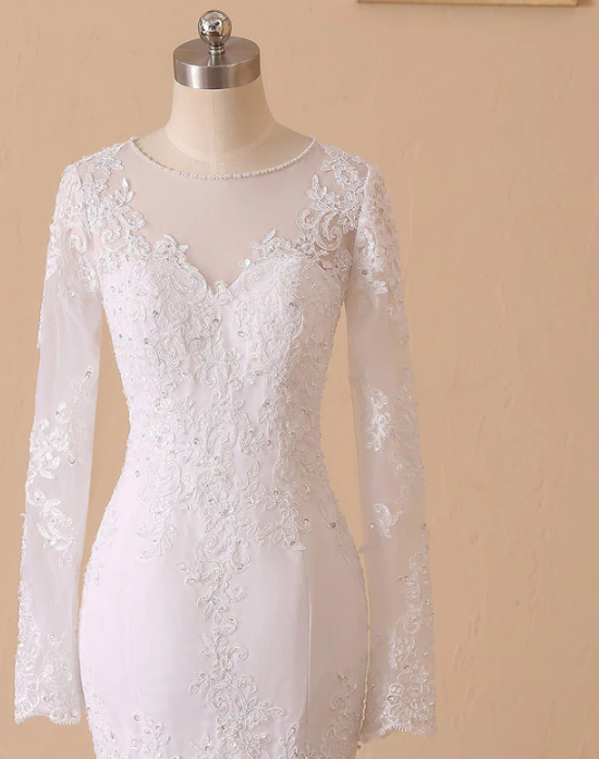 Mermaid Wedding Dress Illusion Back Vestido De Noiva Long Sleeve Beads O Neck Lace Appliques Bride Bridal Gown