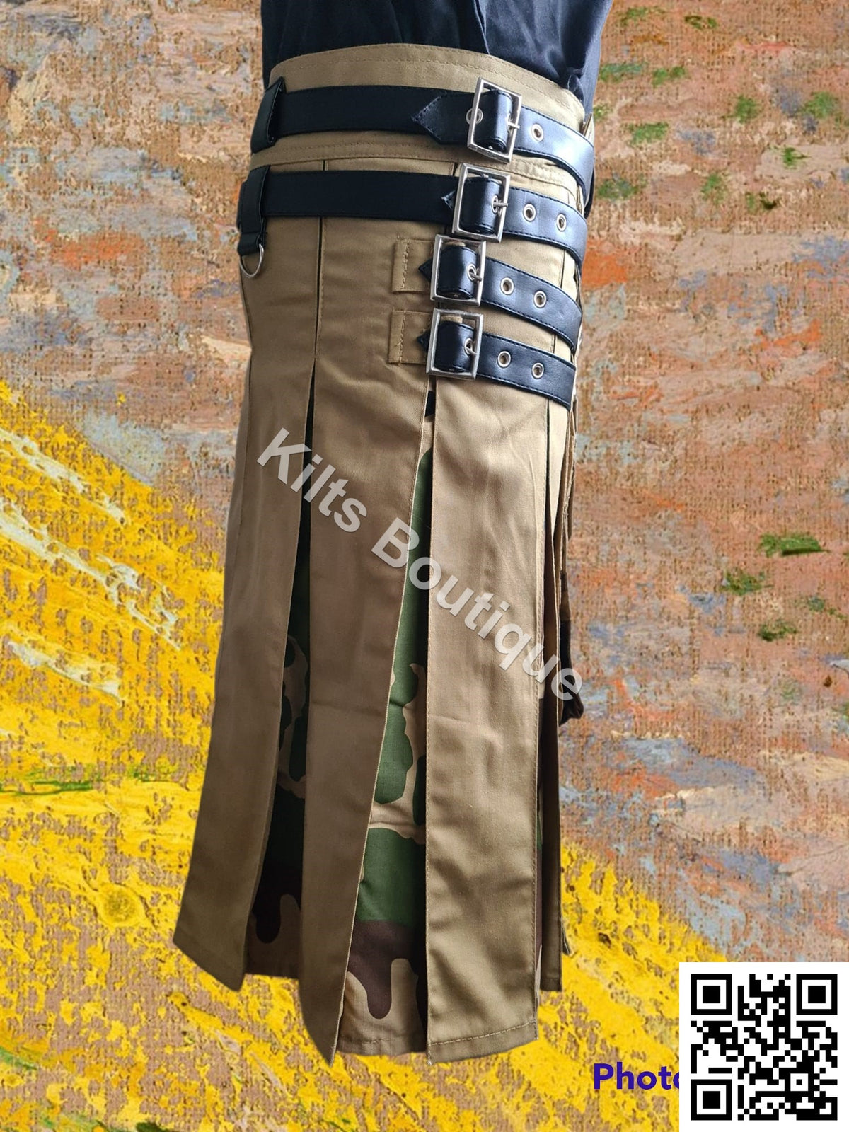 Khaki Camo Adjustable Utility Kilt for Men With Front Detachable Pocket