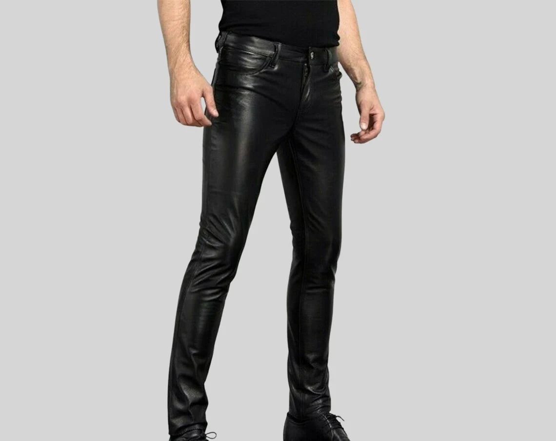 Men's Black Genuine Leather slim fit Biker trouser pant