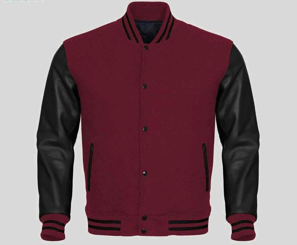 Maroon and Black Men's Varsity Baseball Jacket Real / Synthetic Leather Sleeves Wool Letterman Boys Jacket