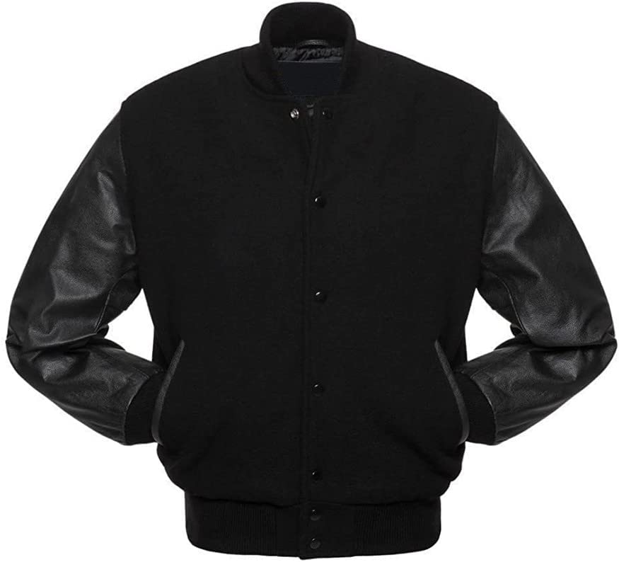 Solid Black Varsity Letterman Baseball Bomber Jacket Wool Cowhide Leather Sleeves
