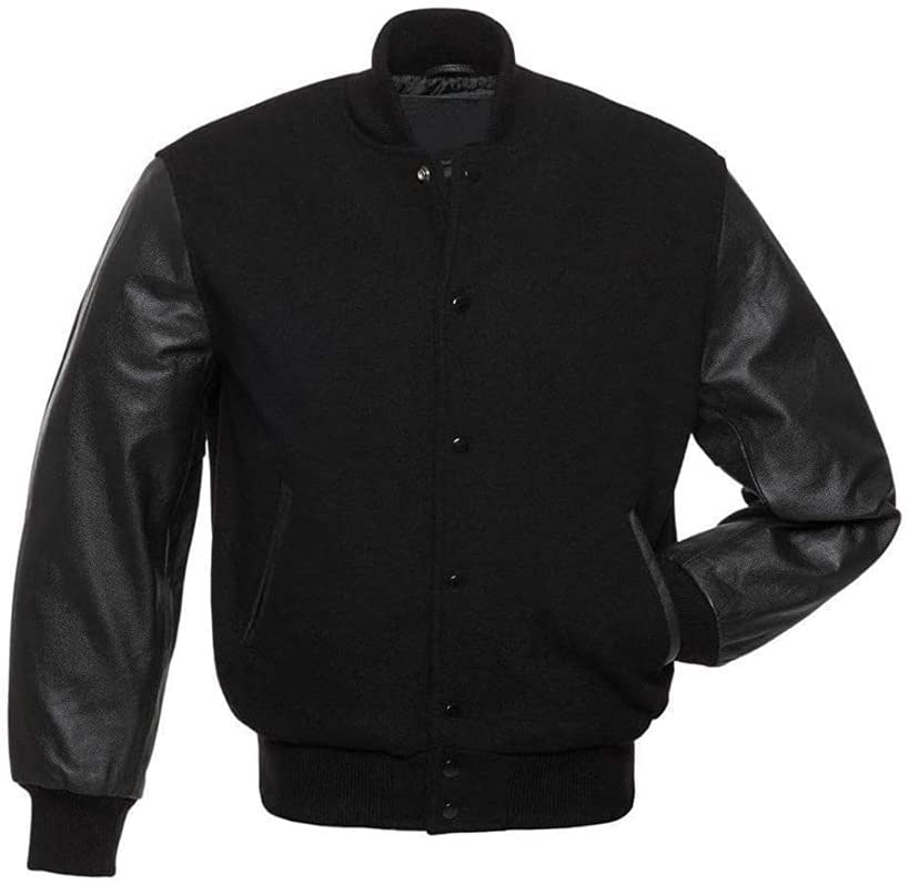 Solid Black Varsity Letterman Baseball Bomber Jacket Wool Cowhide Leather Sleeves