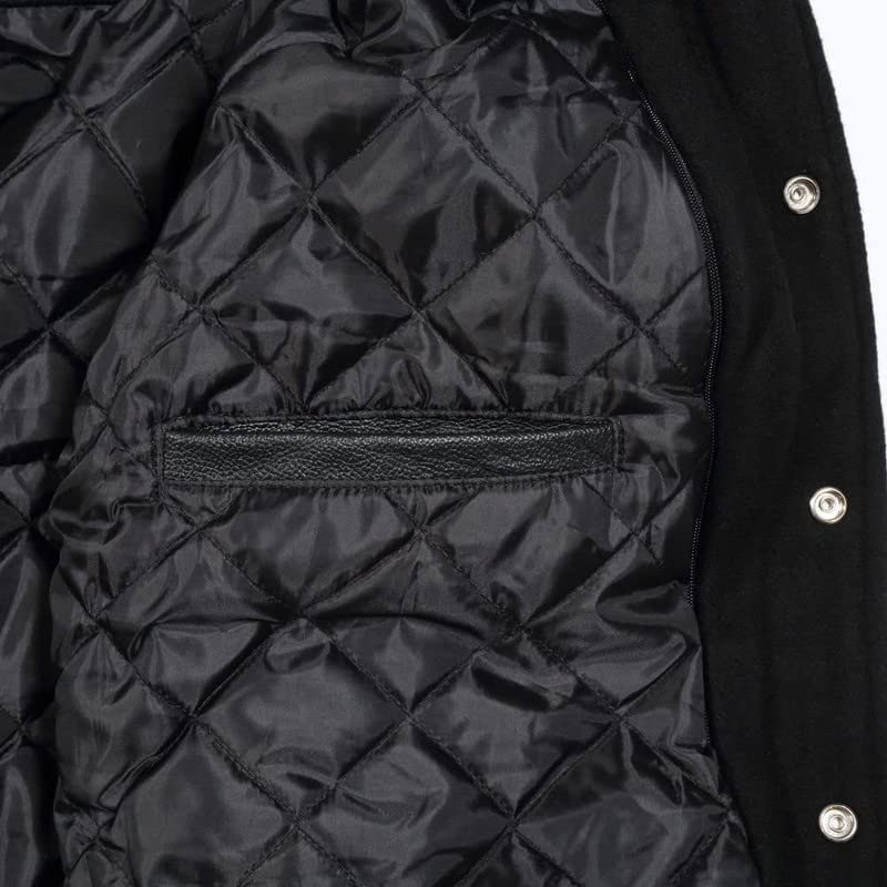 Solid Black Varsity Letterman Baseball Bomber Jacket Wool Cowhide Leather Sleeves