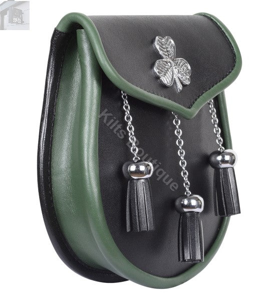 Leather Handmade Scottish Kilt Semi Dress Sporran and Belt Shamrock Leaf Badge
