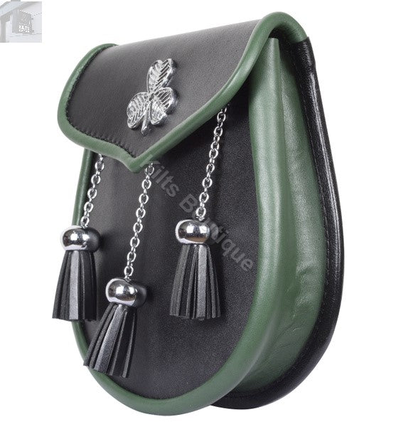 Leather Handmade Scottish Kilt Semi Dress Sporran and Belt Shamrock Leaf Badge