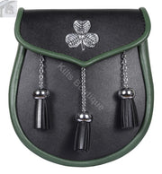  Leather Handmade Scottish Kilt Semi Dress Sporran and Belt Shamrock Leaf Badge