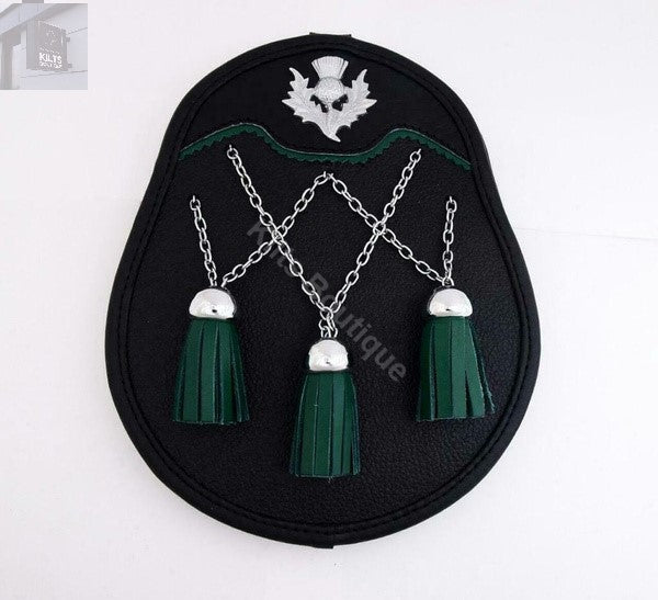 Semi Dress Kilt Sporran Black Bovine Green Thistle Crest Badge