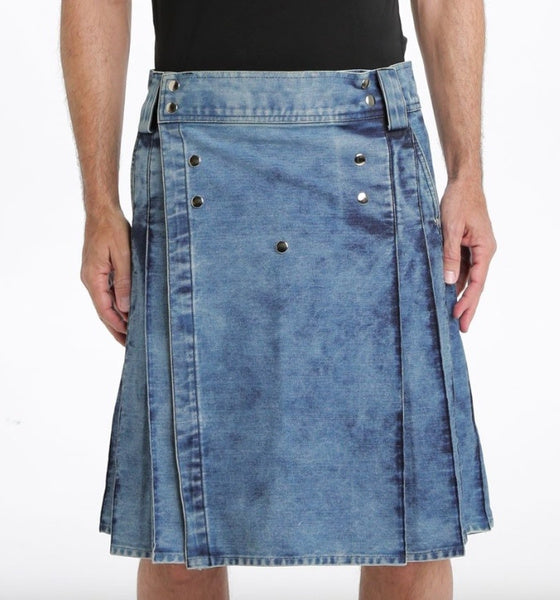 Scottish Men Stonewash Blue Denim Utility Kilt with Back Pockets