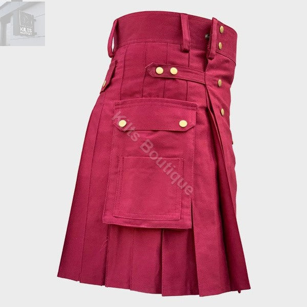 Maroon Fashion Utility Scottish Hybrid  Kilt For Men