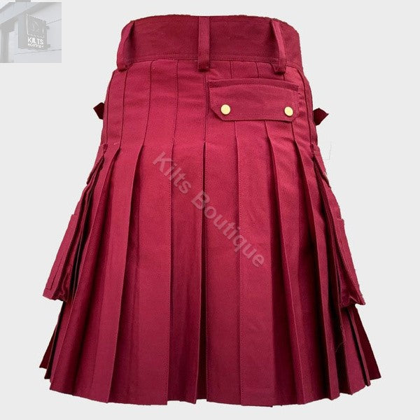 Maroon Fashion Utility Scottish Hybrid  Kilt For Men