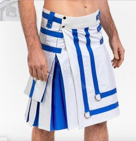 Fashion Utility Scottish Hybrid White Blue Kilt For Men