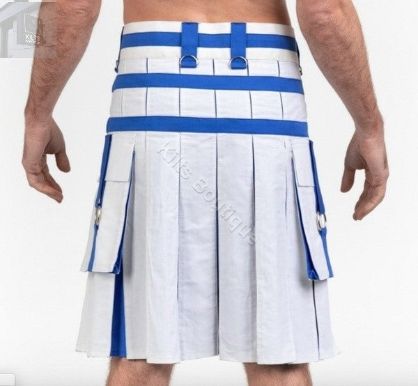 Fashion Utility Scottish Hybrid White Blue Kilt For Men