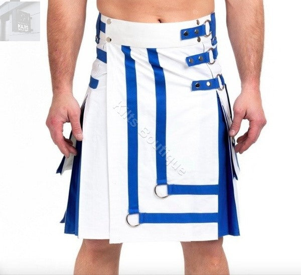 Fashion Utility Scottish Hybrid White Blue Kilt For Men