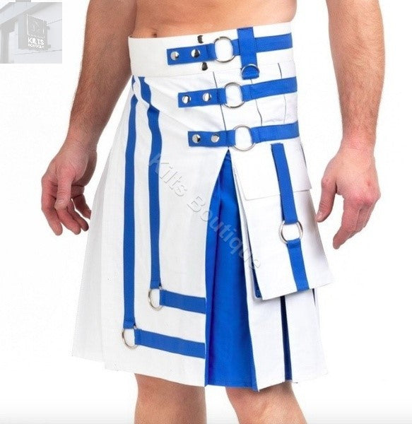 Fashion Utility Scottish Hybrid White Blue Kilt For Men