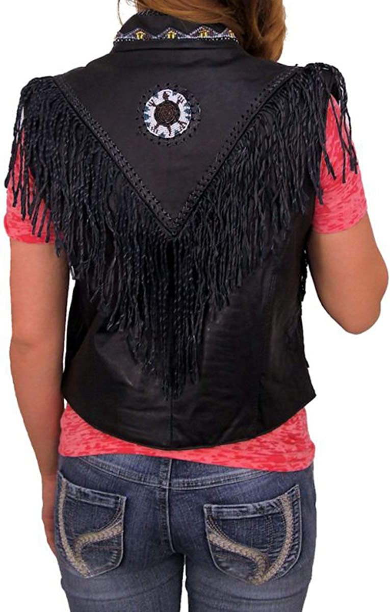 Womens Native American Indian Western Wear Cowgirl Bone Beads Embroidered Fringe Leather Vest