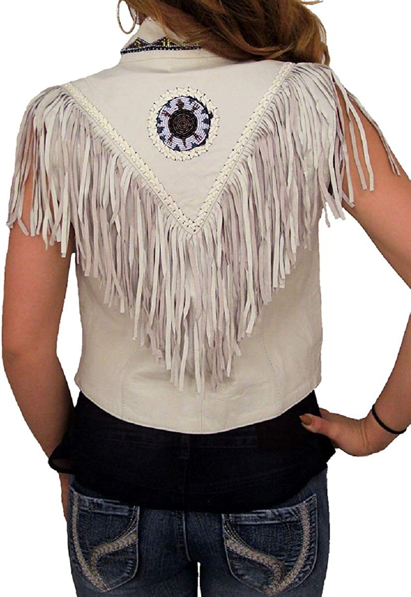 Womens Native American Indian Western Wear Cowgirl Bone Beads Embroidered Fringe Leather Vest
