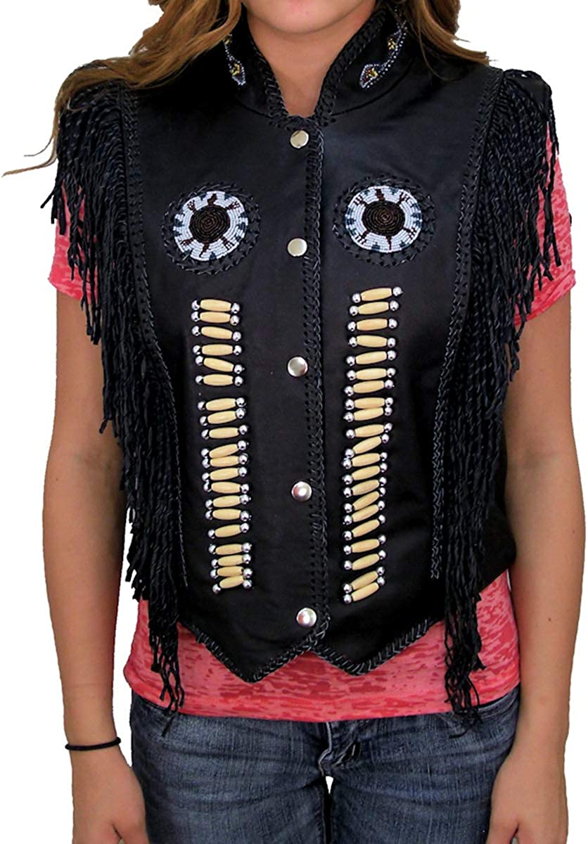 Womens Native American Indian Western Wear Cowgirl Bone Beads Embroidered Fringe Leather Vest