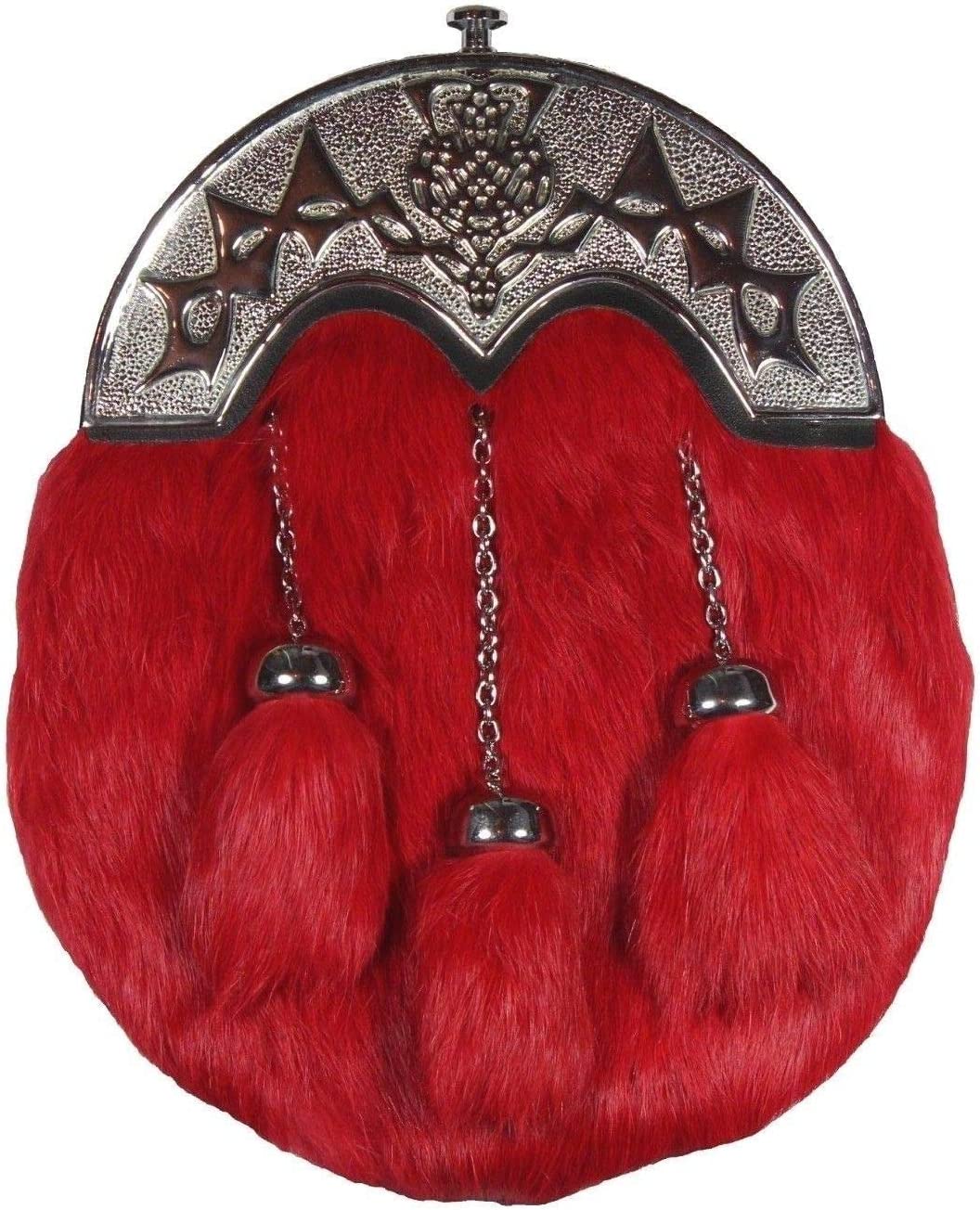 Scottish Thistle & Highland Red Sporran Full Dress Thistle Cantle With 3 Tassels Chrome Finish.