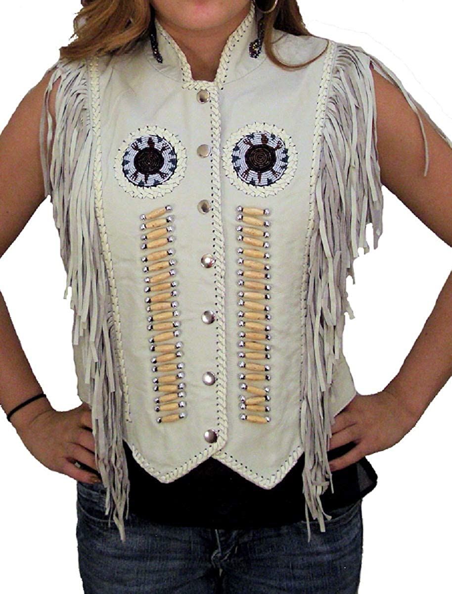 Womens Native American Indian Western Wear Cowgirl Bone Beads Embroidered Fringe Leather Vest