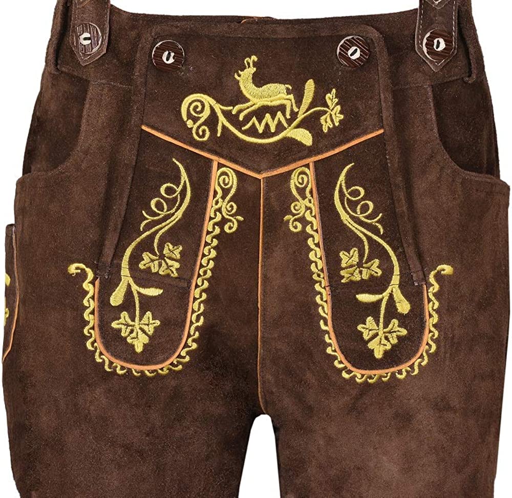Men,s Long Lederhosen Bavarian Genuine Cowhide Leather with Matching Suspenders