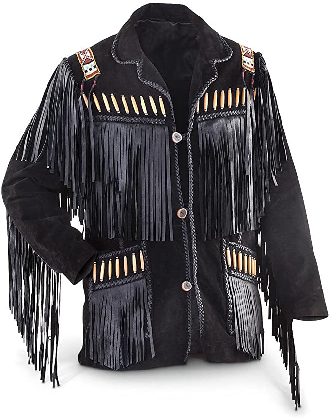 Men's Western Eagle Cowboy Fringed & Boned Suede Leather Jacket Black